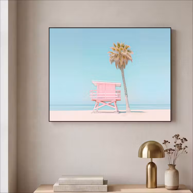 Palmboom - Strandhuis - Roze Textielframe zwart klein -sfeer2
