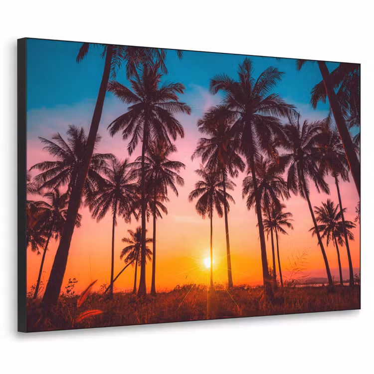 Palmboom - Zonsondergang - Horizon - Strand - Oranje - Roze Textielframe zwart klein -3d