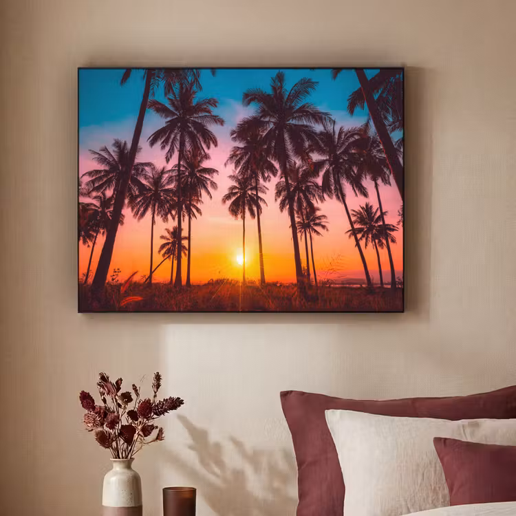 Palmboom - Zonsondergang - Horizon - Strand - Oranje - Roze Textielframe zwart klein -sfeer1