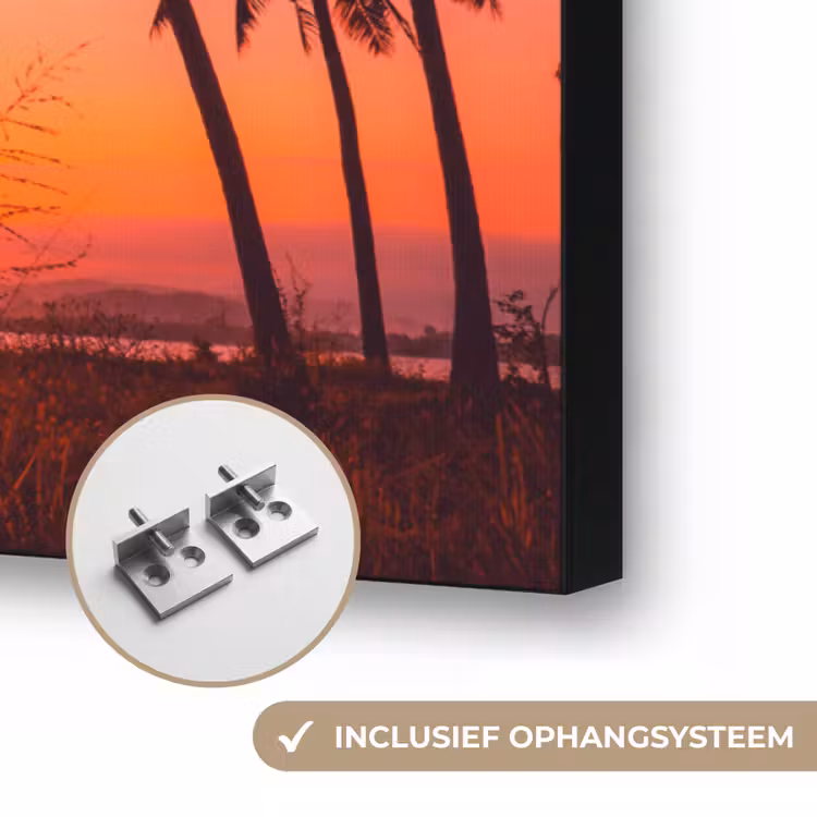 Palmboom - Zonsondergang - Horizon - Strand - Oranje - Roze Textielframe zwart klein -USP_ophangsysteemNL