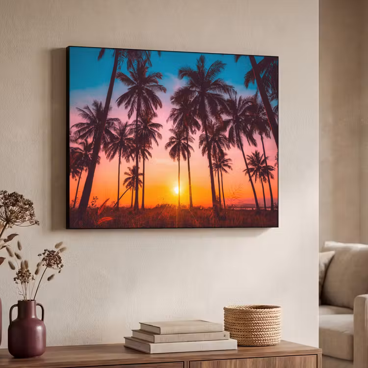 Palmboom - Zonsondergang - Horizon - Strand - Oranje - Roze Textielframe zwart klein -sfeer3