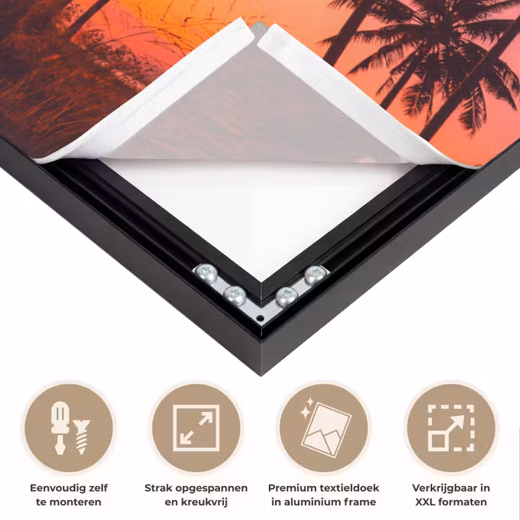 Palmboom - Zonsondergang - Horizon - Strand - Oranje - Roze Textielframe zwart klein -USP_feed_closeupNL