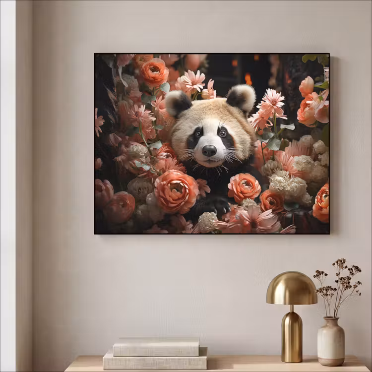 Panda - Dier - Bloemen - Natuur - Botanisch Textielframe zwart klein -sfeer2