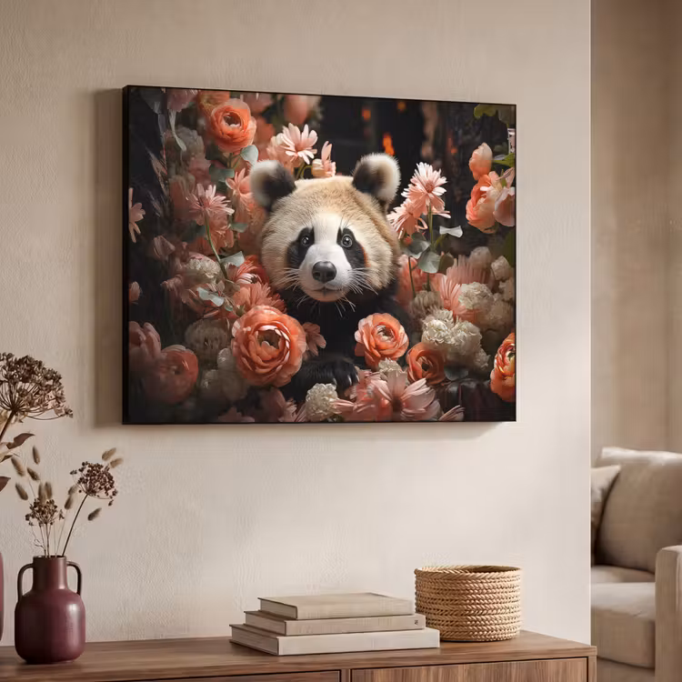 Panda - Dier - Bloemen - Natuur - Botanisch Textielframe zwart klein -sfeer3
