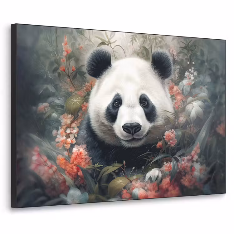 Panda - Wilde dieren - Bloemen - Natuur Textielframe zwart klein -3d