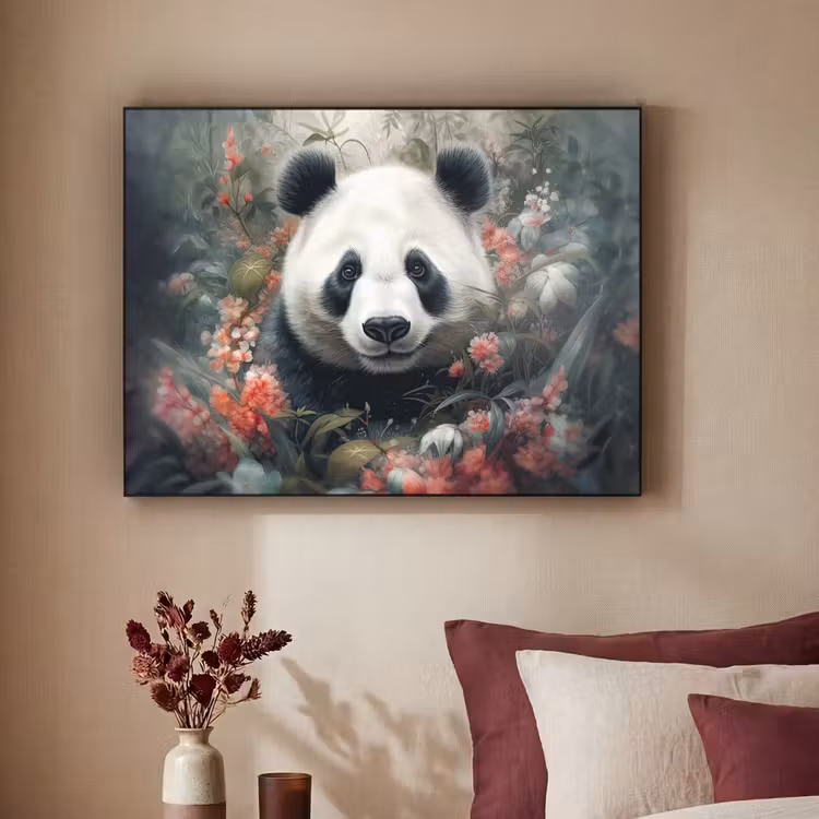 Panda - Wilde dieren - Bloemen - Natuur Textielframe zwart klein -sfeer1