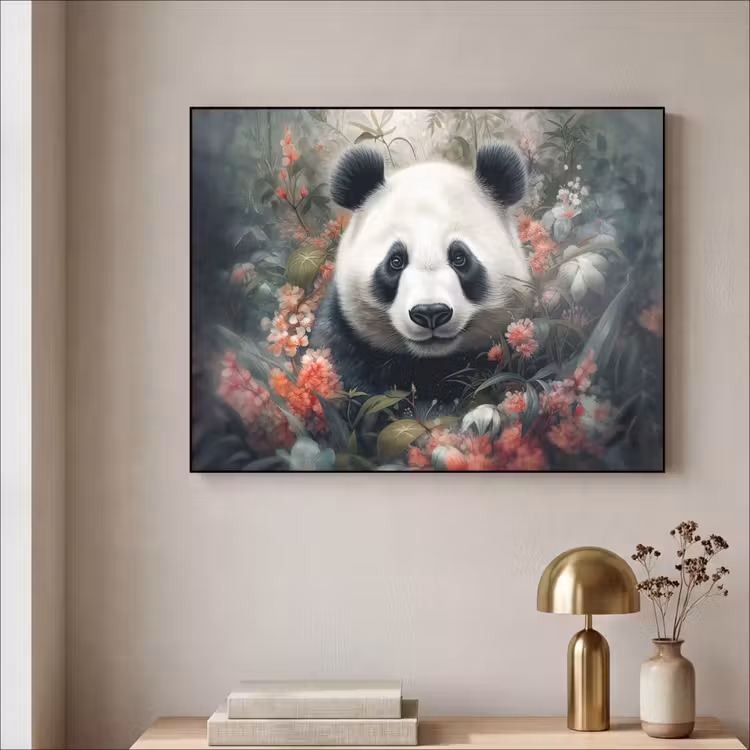 Panda - Wilde dieren - Bloemen - Natuur Textielframe zwart klein -sfeer2
