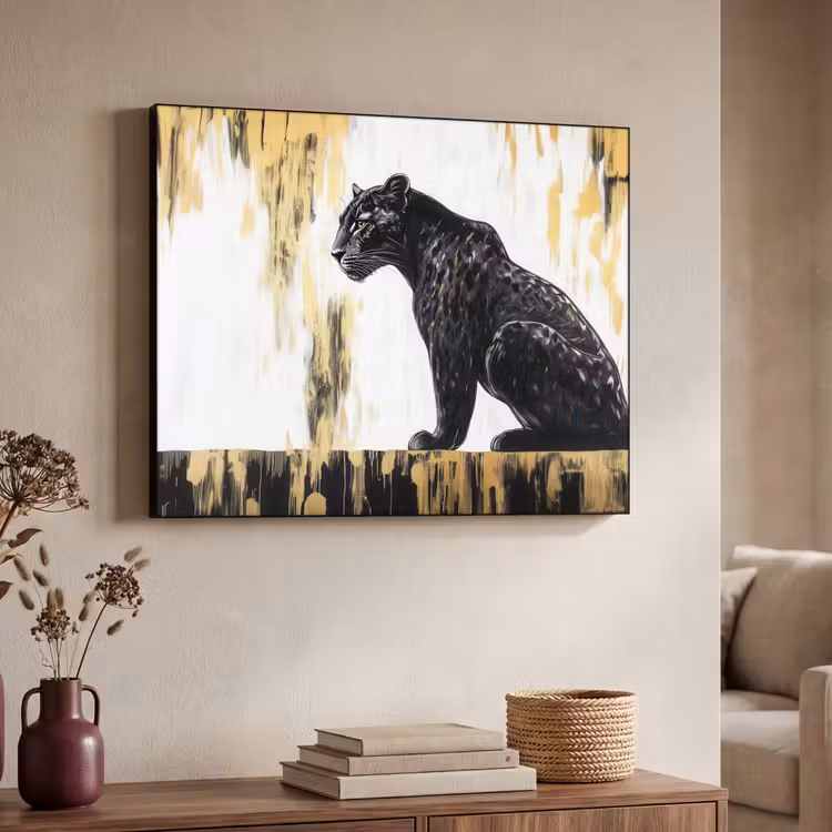 Panter - Zwart - Abstract - Goud Textielframe zwart klein -sfeer3