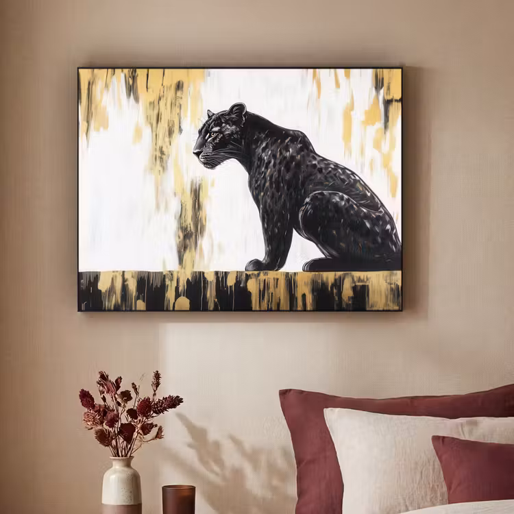 Panter - Zwart - Abstract - Goud Textielframe - compleet frame klein -sfeer1