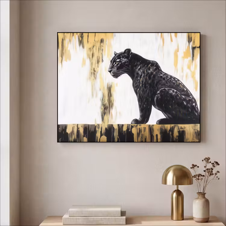 Panter - Zwart - Abstract - Goud Textielframe zwart klein -sfeer2