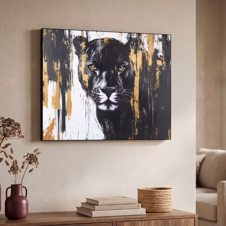 Panter - Zwart - Abstract - Verfstreken Textielframe zwart klein -sfeer3