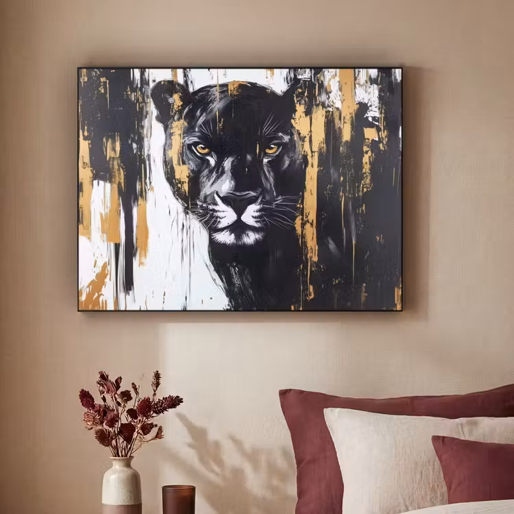 Panter - Zwart - Abstract - Verfstreken Textielframe - compleet frame klein -sfeer1