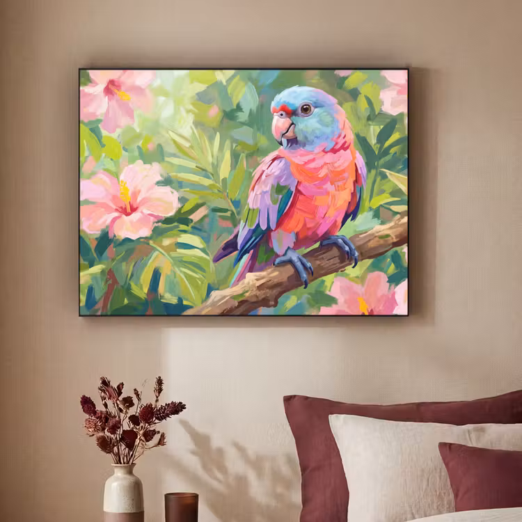 Papagaai - Hibiscusbloemen - Kleurrijk Textielframe zwart klein -sfeer1