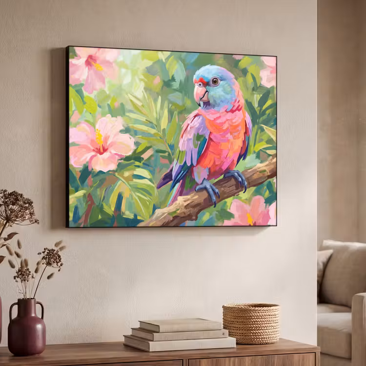 Papagaai - Hibiscusbloemen - Kleurrijk Textielframe zwart klein -sfeer3