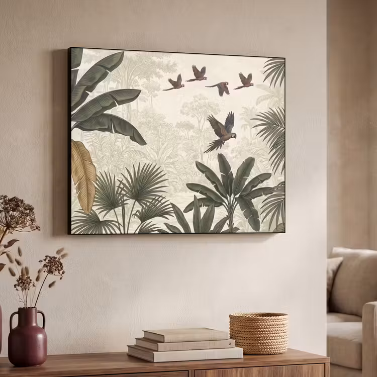 Papagaaien - Jungle - Tropisch - Green Textielframe zwart klein -sfeer3