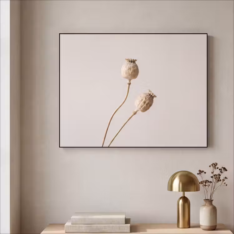 Papaverbollen - Droogbloemen - Minimalistisch - Beige - Rustig Textielframe zwart klein -sfeer2