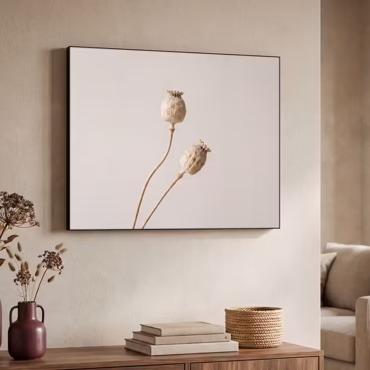 Papaverbollen - Droogbloemen - Minimalistisch - Beige - Rustig Textielframe zwart klein -sfeer3
