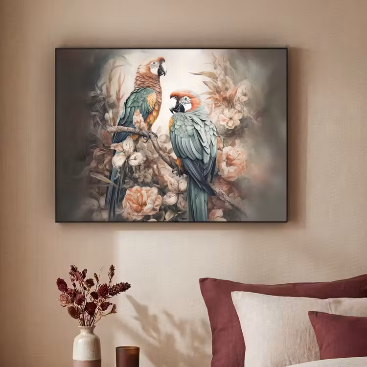 Papegaaien - Vogels - Natuur - Bloemen Textielframe zwart klein -sfeer1