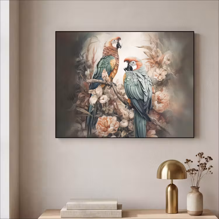 Papegaaien - Vogels - Natuur - Bloemen Textielframe zwart klein -sfeer2