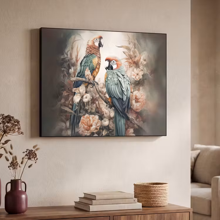 Papegaaien - Vogels - Natuur - Bloemen Textielframe zwart klein -sfeer3
