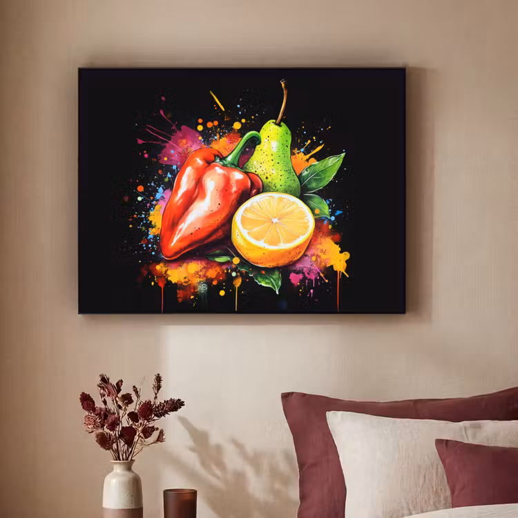 Paprika - Peer - Citroen - Graffiti - Verf - Abstract Textielframe zwart klein -sfeer1