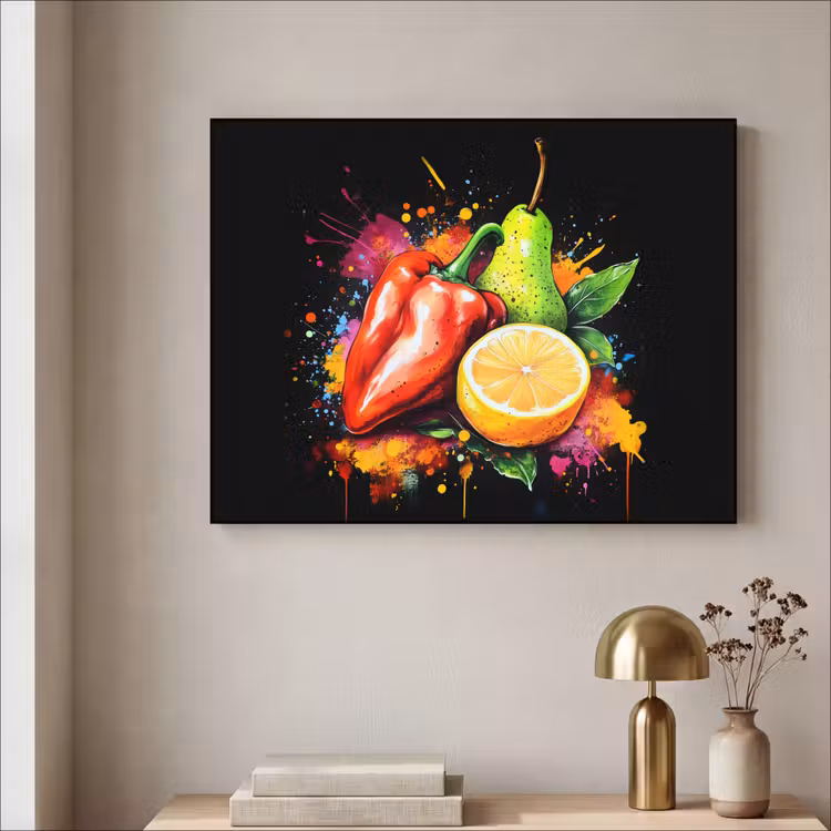 Paprika - Peer - Citroen - Graffiti - Verf - Abstract Textielframe zwart klein -sfeer2