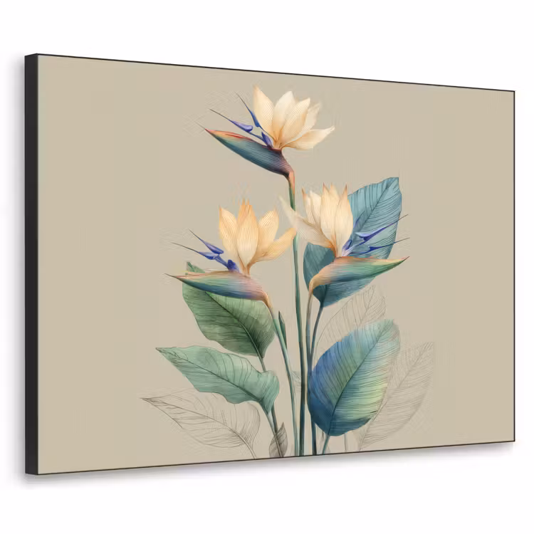 Paradijsvogelbloemen - Blauwgroene bladeren - Beige Textielframe zwart klein -3d