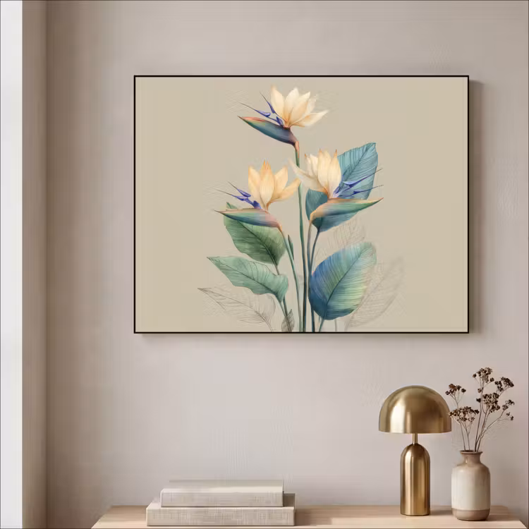 Paradijsvogelbloemen - Blauwgroene bladeren - Beige Textielframe - compleet frame klein -sfeer2