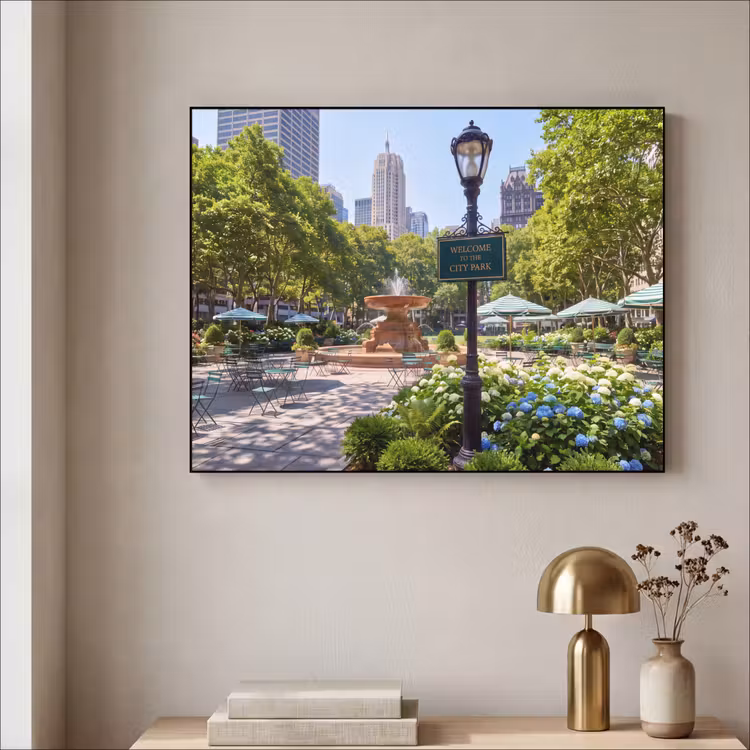 Park - Fontein - Stad - Natuur Textielframe zwart klein -sfeer2