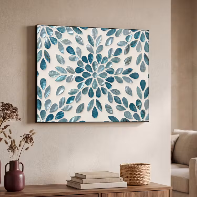 Patroon - Bladeren - Abstract - Modern - Turquoise Textielframe zwart klein -sfeer3