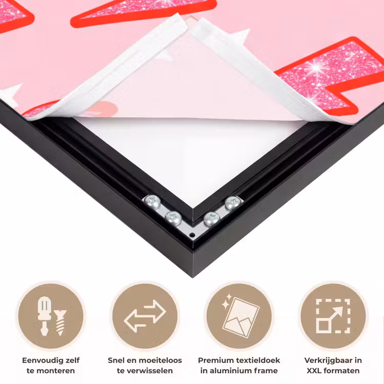 Patroon - Bliksem - Ster - Glitter - Roze Textielframe zwart klein -USP_closeupNL