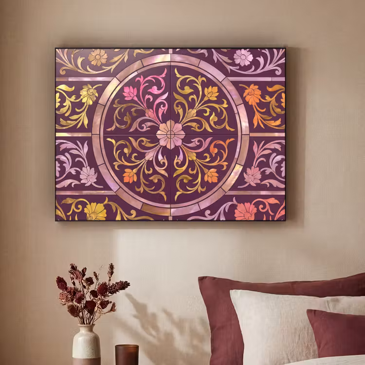 Patroon - Floraal - Oosters - Paars - Goud Textielframe zwart klein -sfeer1