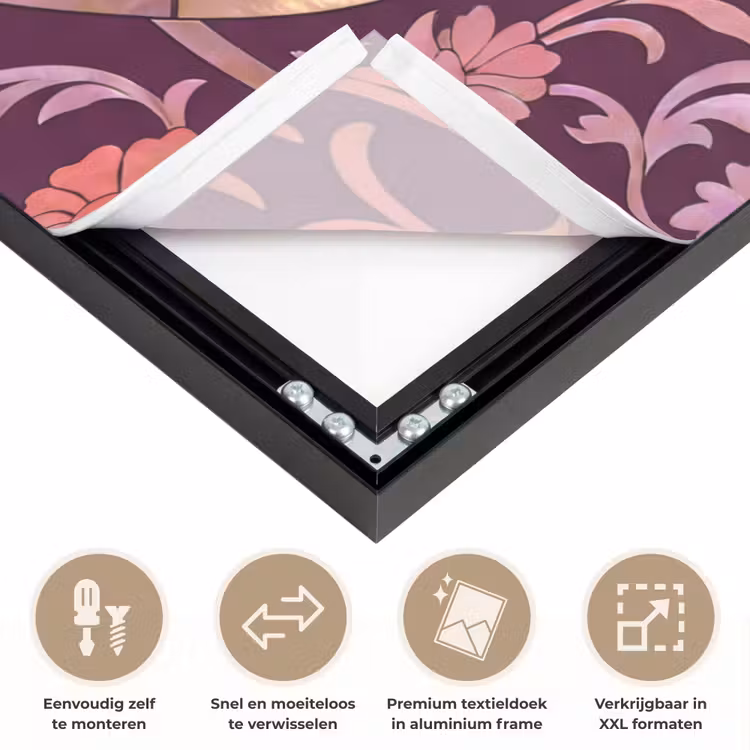 Patroon - Floraal - Oosters - Paars - Goud Textielframe zwart klein -USP_closeupNL