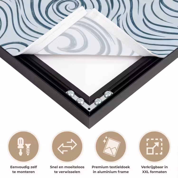 Patroon - Golven - Abstract - Modern - Blauw Textielframe zwart klein -USP_closeupNL