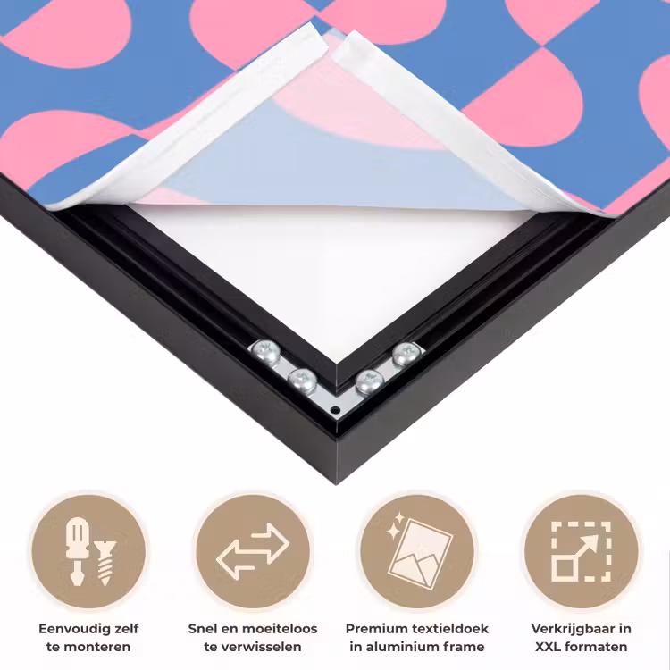 Patroon - Halve cirkels - Abstract - Modern - Roze - Blauw Textielframe zwart klein -USP_closeupNL