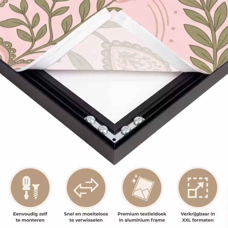Patroon - Hart - Bloemen - Folkloristisch - Roze Textielframe zwart klein -USP_closeupNL