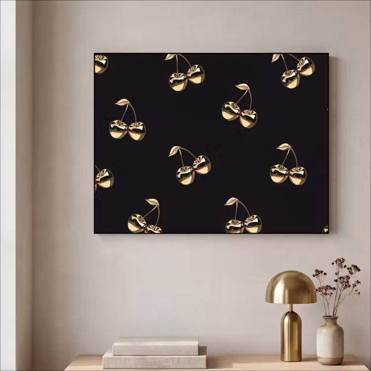 Patroon - Kersen - Goud - Chrome Textielframe - compleet frame klein -sfeer2