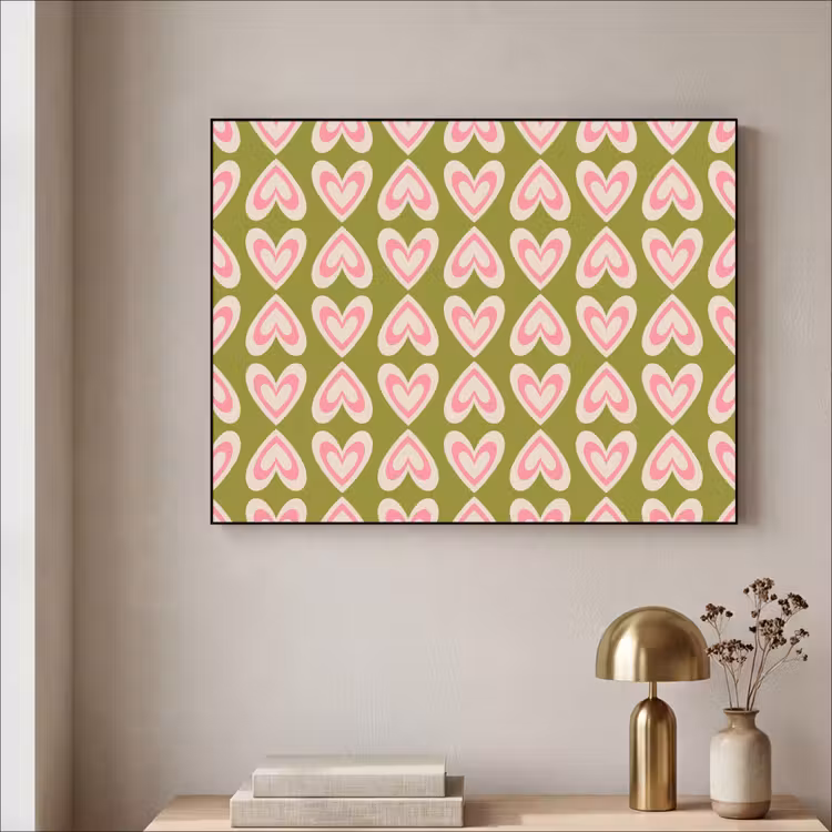 Patroon - Symmetrisch - Hartjes - Olijfgroen Textielframe zwart klein 947 -sfeer2