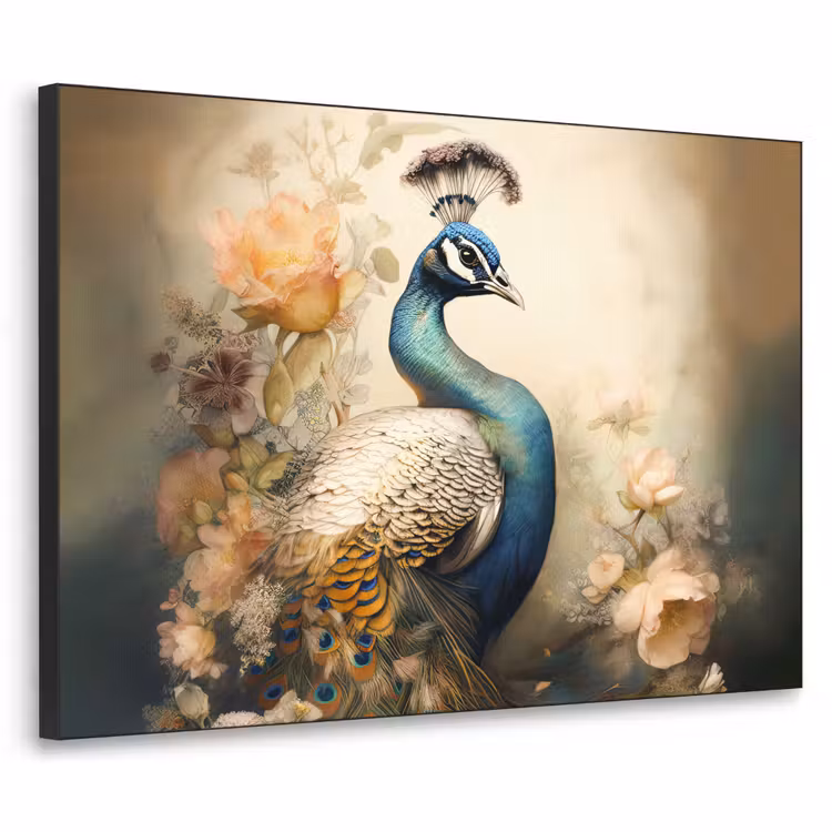 Pauw - Pauwenveren - Bloemen - Vogels - Botanisch Textielframe zwart klein -3d
