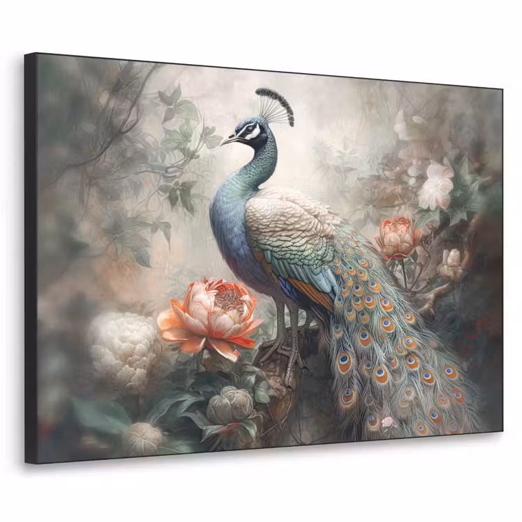 Pauw - Pauwenveren - Vogel - Jungle - Bloemen Textielframe zwart klein -3d
