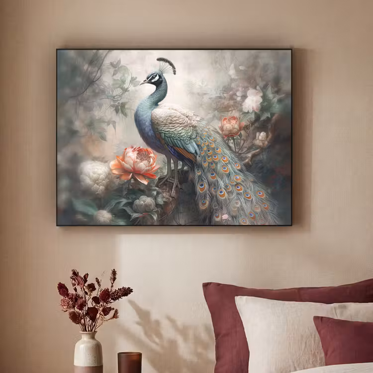 Pauw - Pauwenveren - Vogel - Jungle - Bloemen Textielframe zwart klein -sfeer1