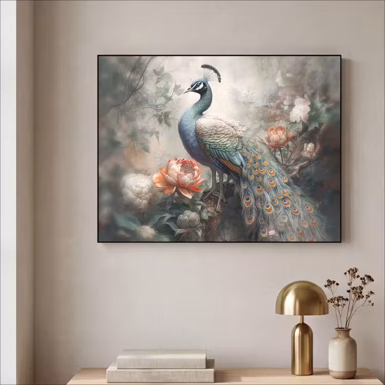Pauw - Pauwenveren - Vogel - Jungle - Bloemen Textielframe zwart klein -sfeer2
