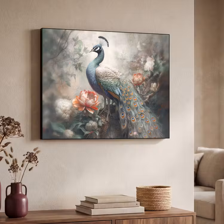Pauw - Pauwenveren - Vogel - Jungle - Bloemen Textielframe zwart klein -sfeer3
