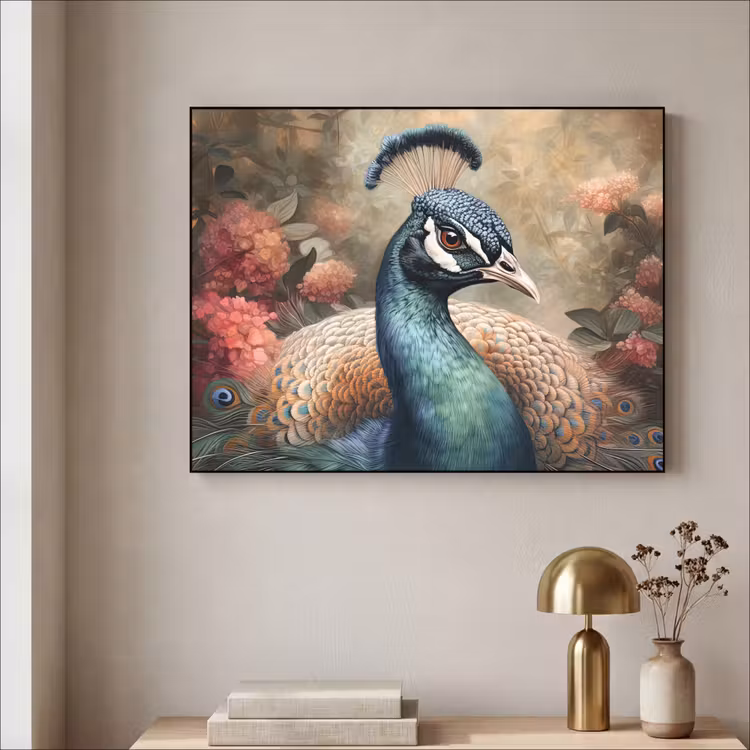 Pauw - Vogel - Bloemen - Planten - Pauwenveren Textielframe zwart klein -sfeer2