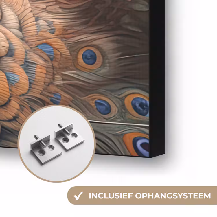 Pauw - Vogel - Bloemen - Planten - Pauwenveren Textielframe zwart klein -USP_ophangsysteemNL