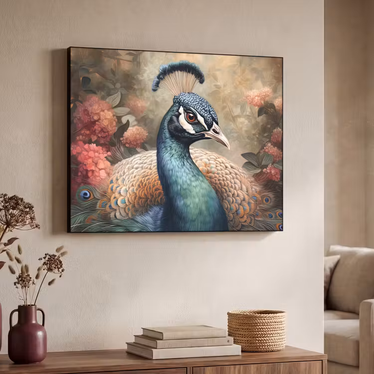 Pauw - Vogel - Bloemen - Planten - Pauwenveren Textielframe zwart klein -sfeer3