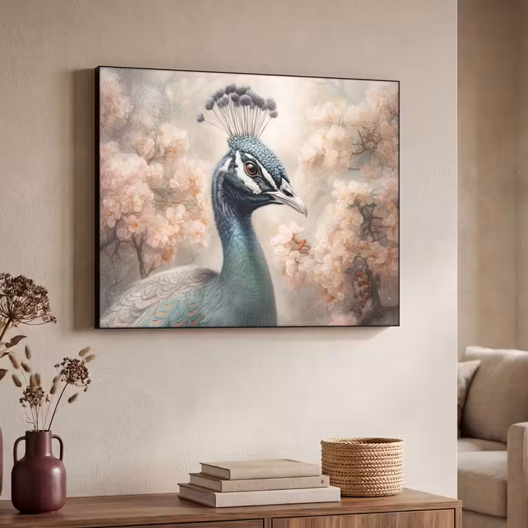Pauw - Vogels - Bloemen - Boom - Botanisch Textielframe zwart klein -sfeer3