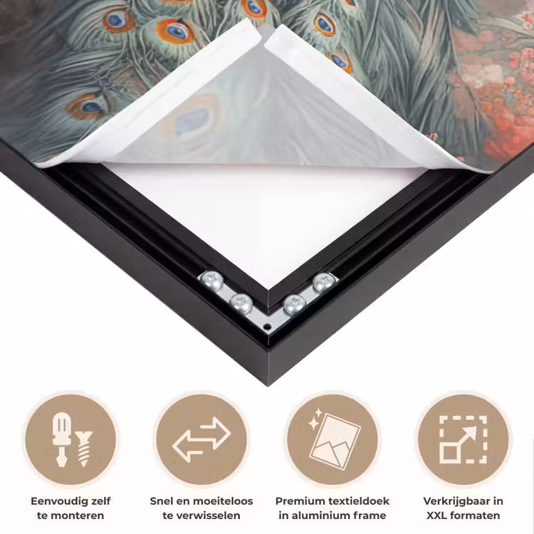 Pauwen - Pauwenveren - Vogels - Bloemen - Natuur Textielframe zwart klein -USP_closeupNL