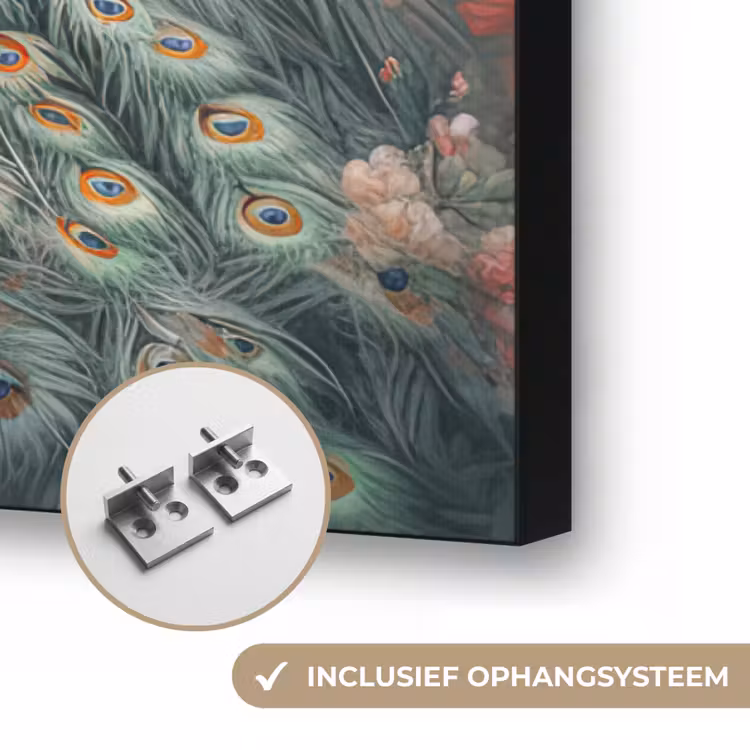 Pauwen - Pauwenveren - Vogels - Bloemen - Natuur Textielframe zwart klein -USP_ophangsysteemNL