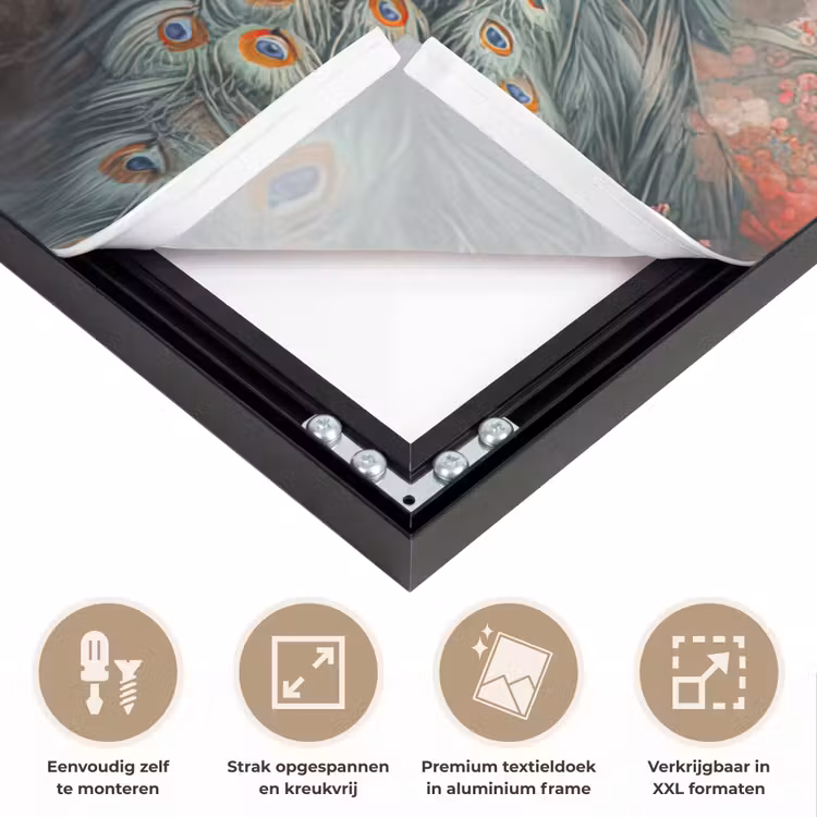 Pauwen - Pauwenveren - Vogels - Bloemen - Natuur Textielframe zwart klein -USP_feed_closeupNL